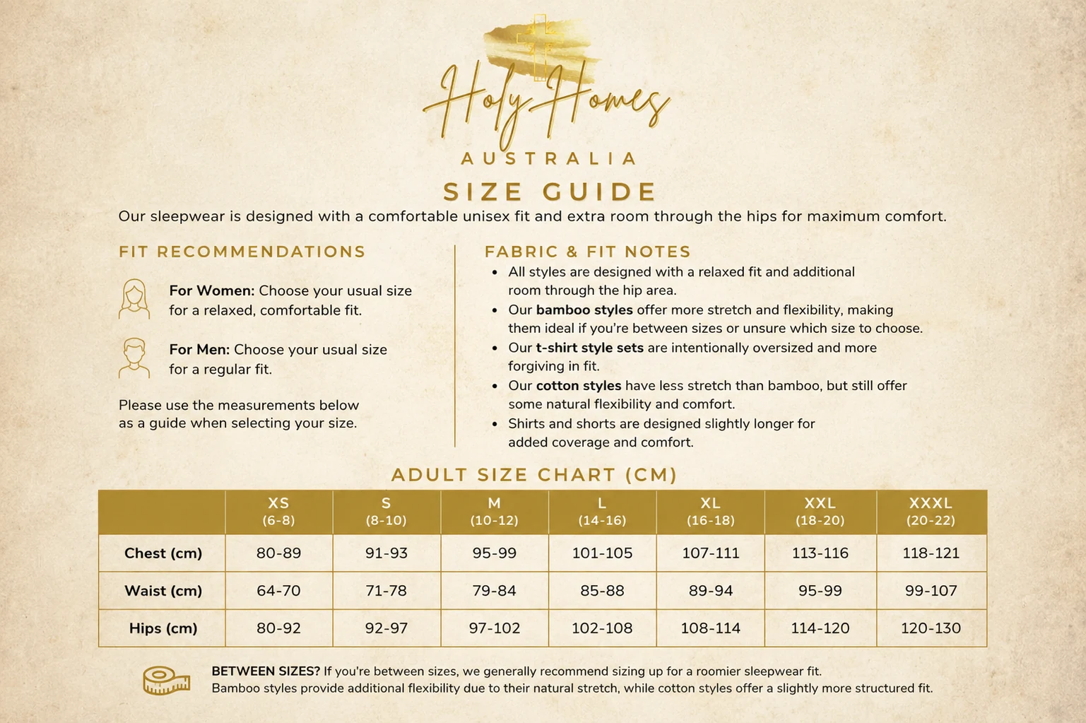 Holy Homes Australia adult size guide: fit notes and a chart of chest, waist and hip measurements in centimetres for each adult size