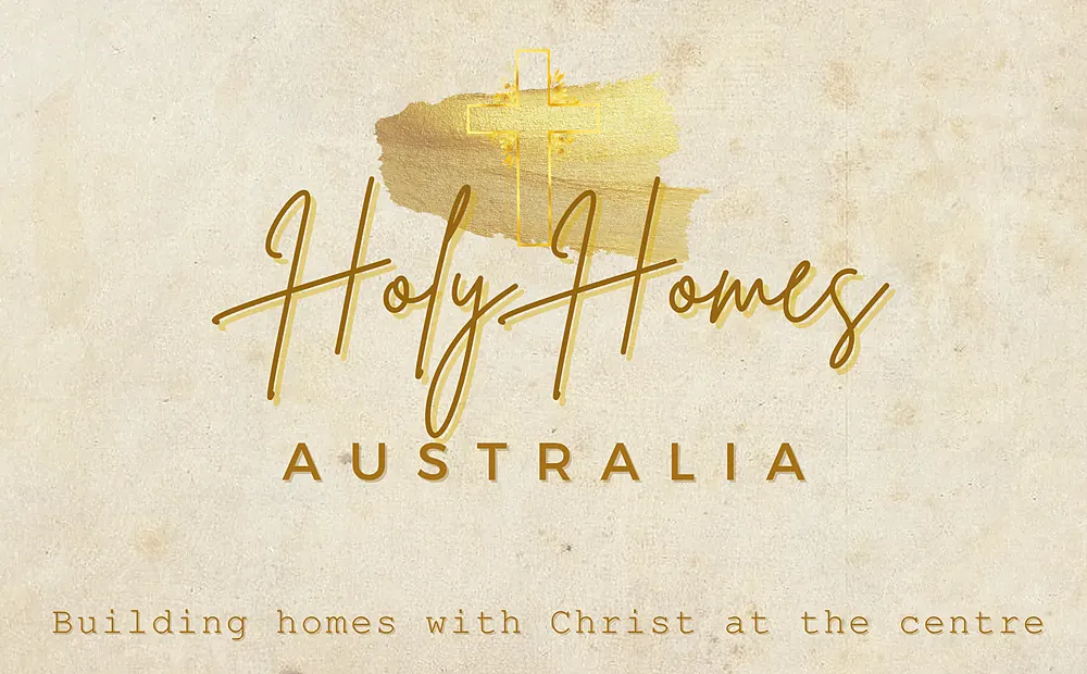 The Holy Homes Australia logo: gold script with a gold cross, and the words Building homes with Christ at the centre